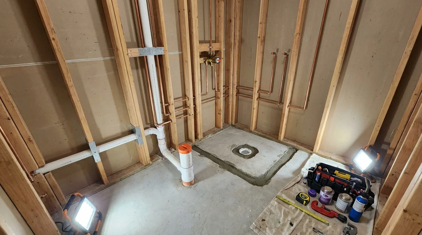 Bathroom rough-in plumbing during remodel by Johns Plumbing LLC in Gill