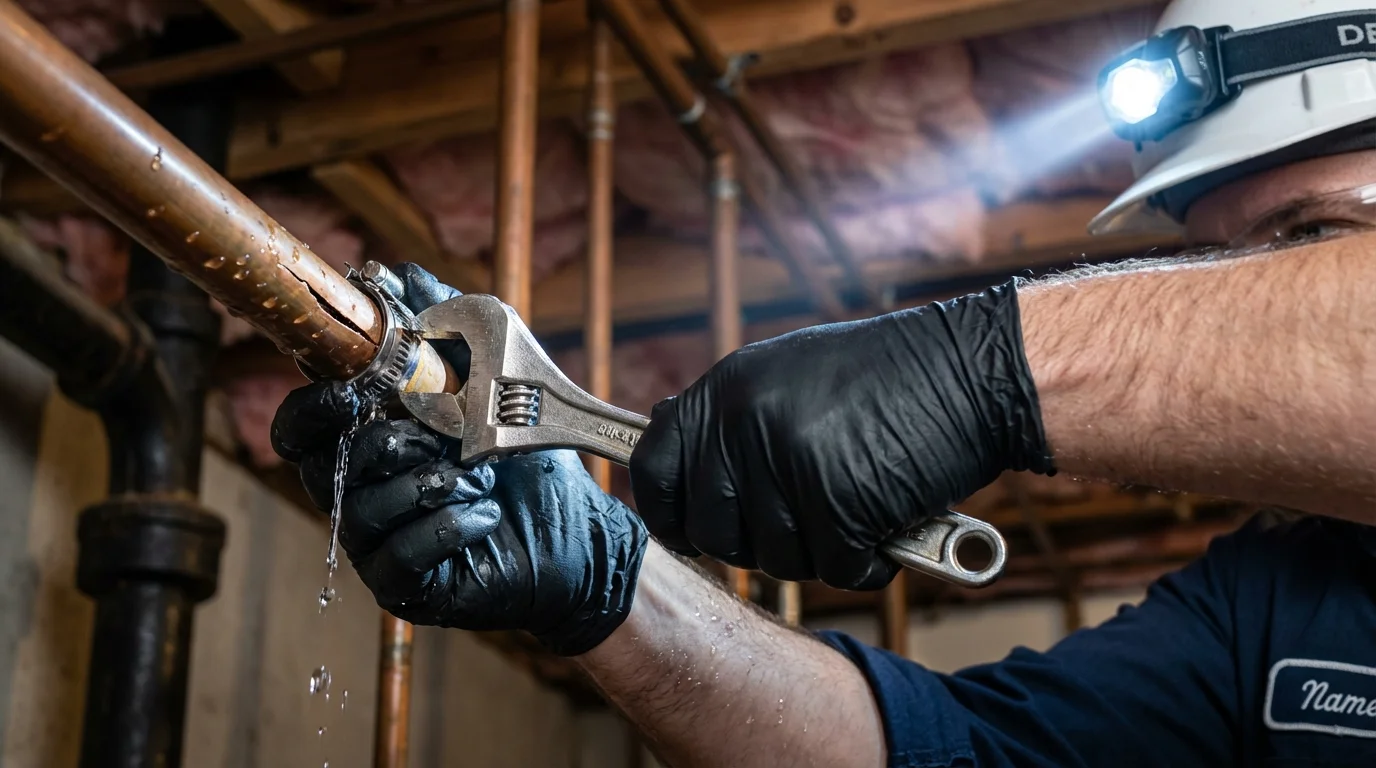 Emergency pipe clamp repair being performed by a Johns Plumbing LLC plumber in Gill