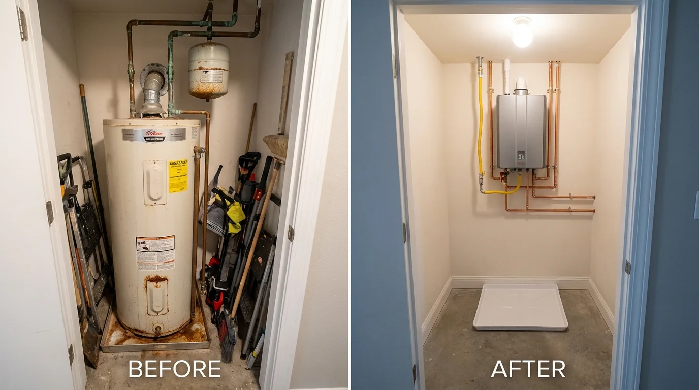 Tank water heater versus wall-mounted tankless unit comparison for Gill, MA homeowners