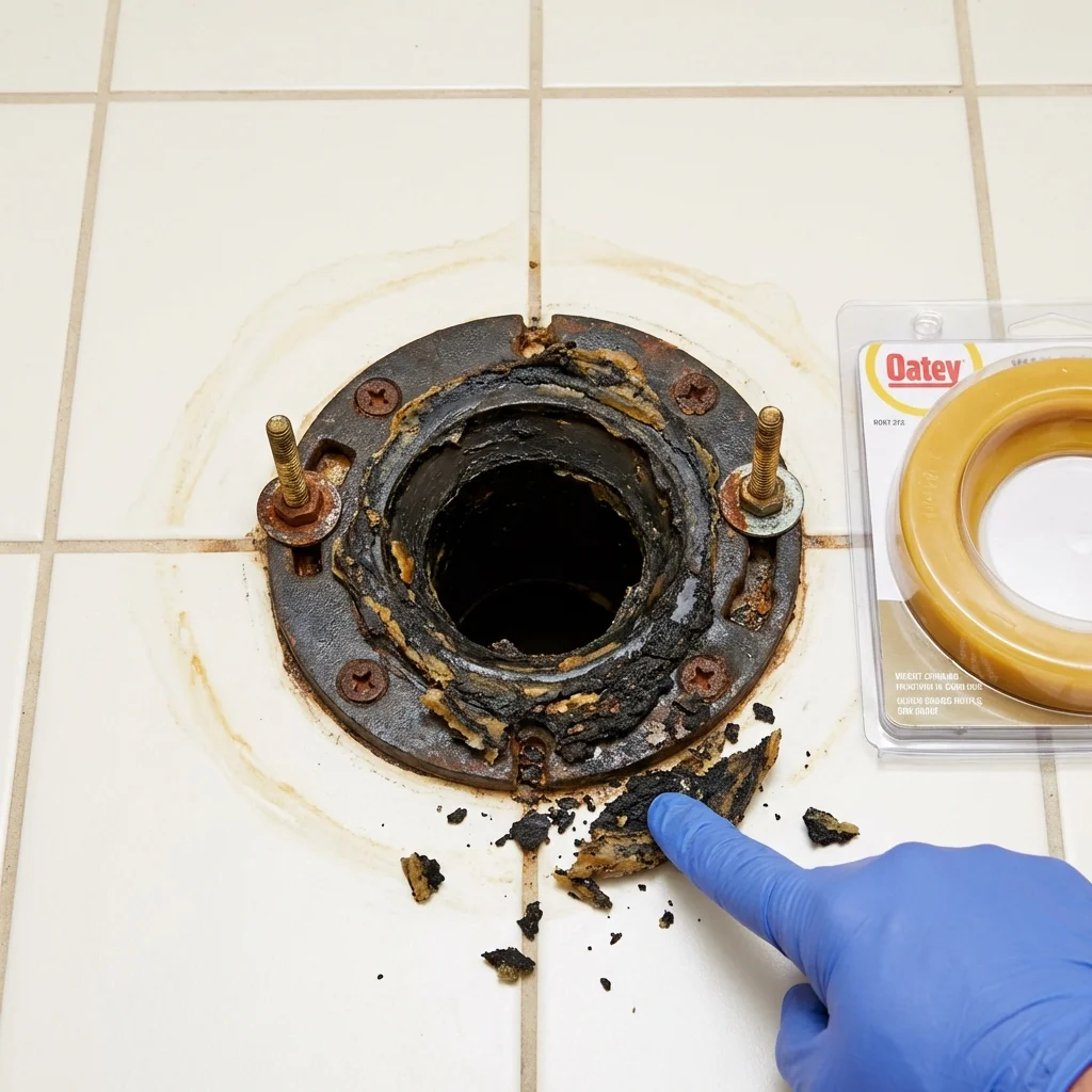 Failed wax ring showing water seepage at the base of a toilet in a Gill, MA home