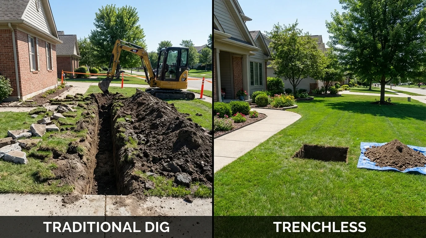 Trenchless sewer repair with minimal yard damage versus traditional excavation in Gill, MA