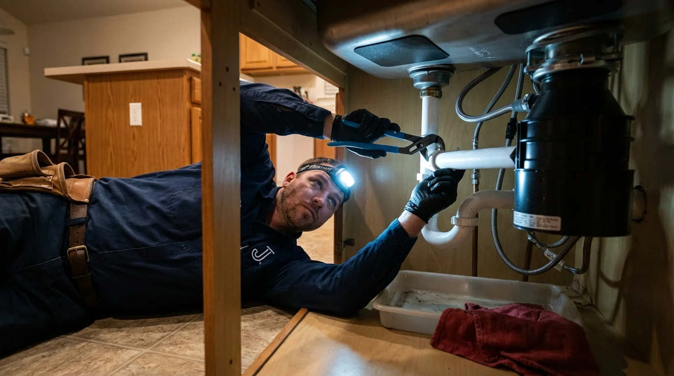 P-trap and supply line connections under a kitchen sink showing a common leak point in Gill, MA